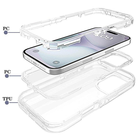 Heavy Duty Clear Transparent Durable 3-Layer Phone Case, Military Grade Drop Protection Shockproof Dropproof Anti-Drop Protective Cover for Iphone 11 12 13 14 15 16 Pro Max